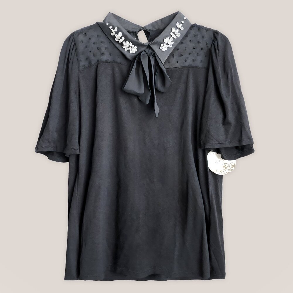 NWT Misia Black Rhinestoned Ribbon Tie Top w/ Short Sleeves | Blouse Shirt